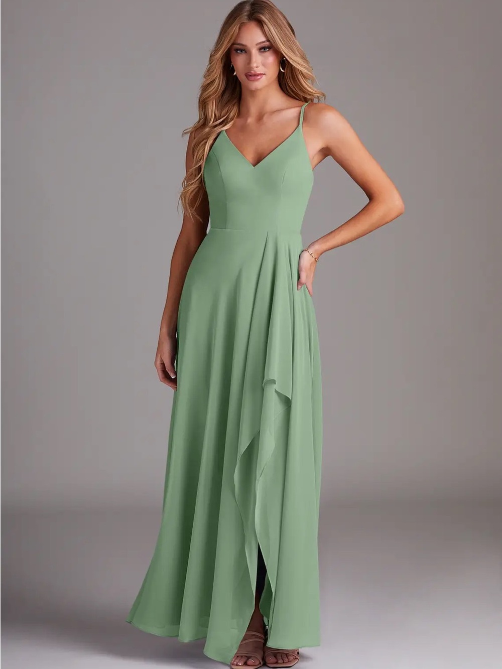 Azazie Colette Eucalyptus Green A-line Chiffon Bridesmaid Dress size 10